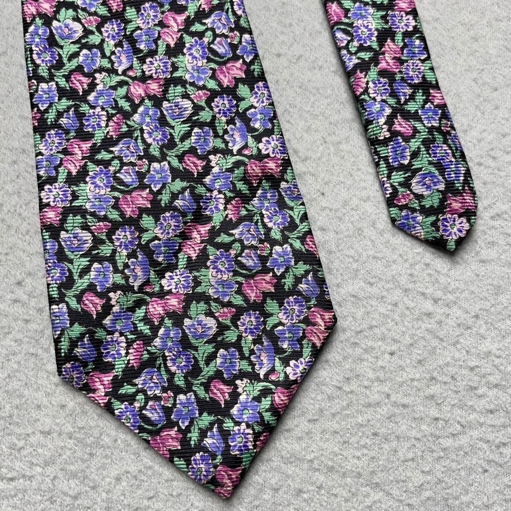 Lauren Ralph Lauren Mens Silk Floral Tie Black Purple Pink Green Made in USA